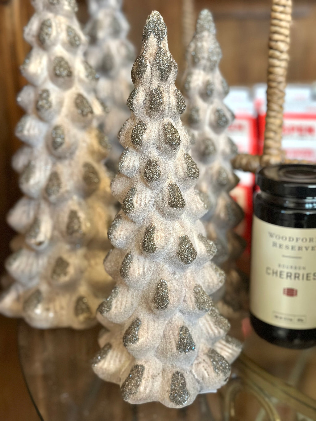 9.5" Glass Table Tree - Antique Brown & Silver Glitter