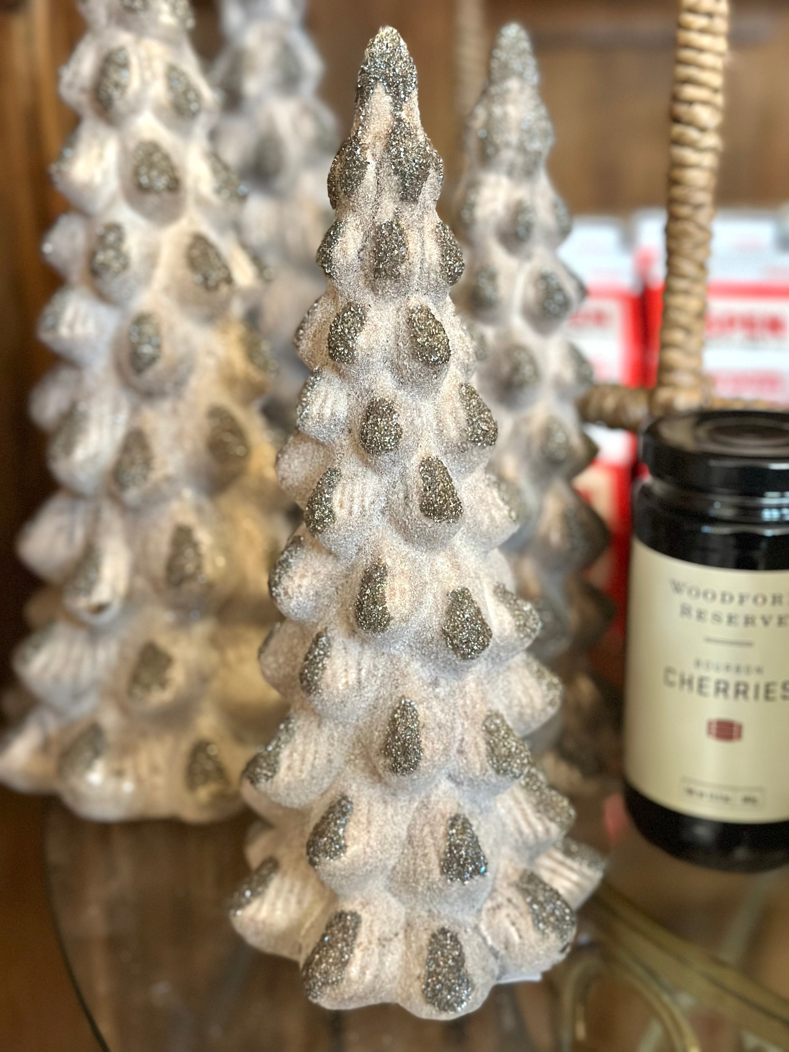 9.5" Glass Table Tree - Antique Brown & Silver Glitter