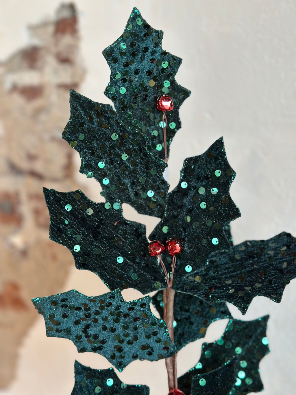 28” Metallic Sequin Holly Spray