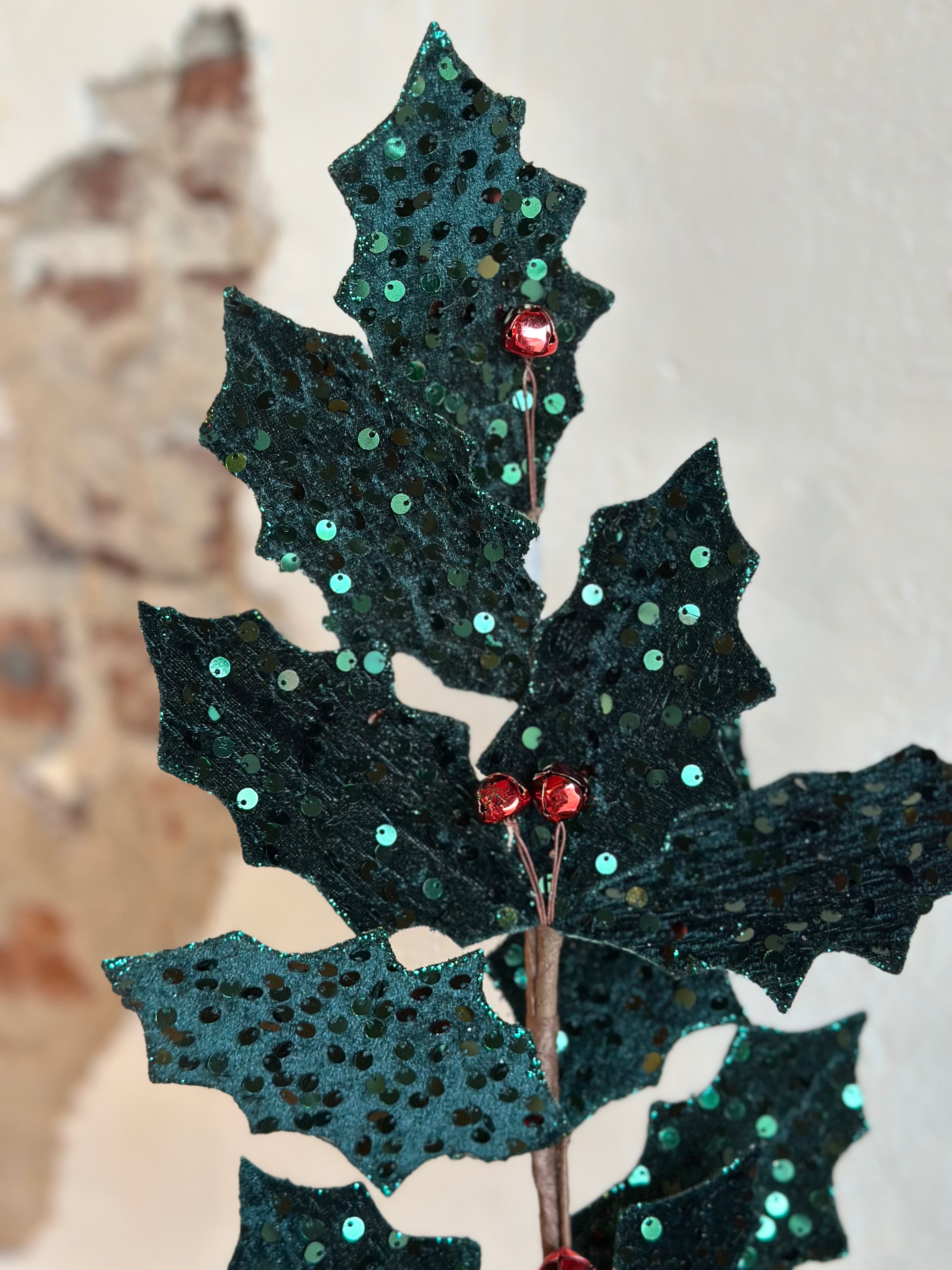 28” Metallic Sequin Holly Spray