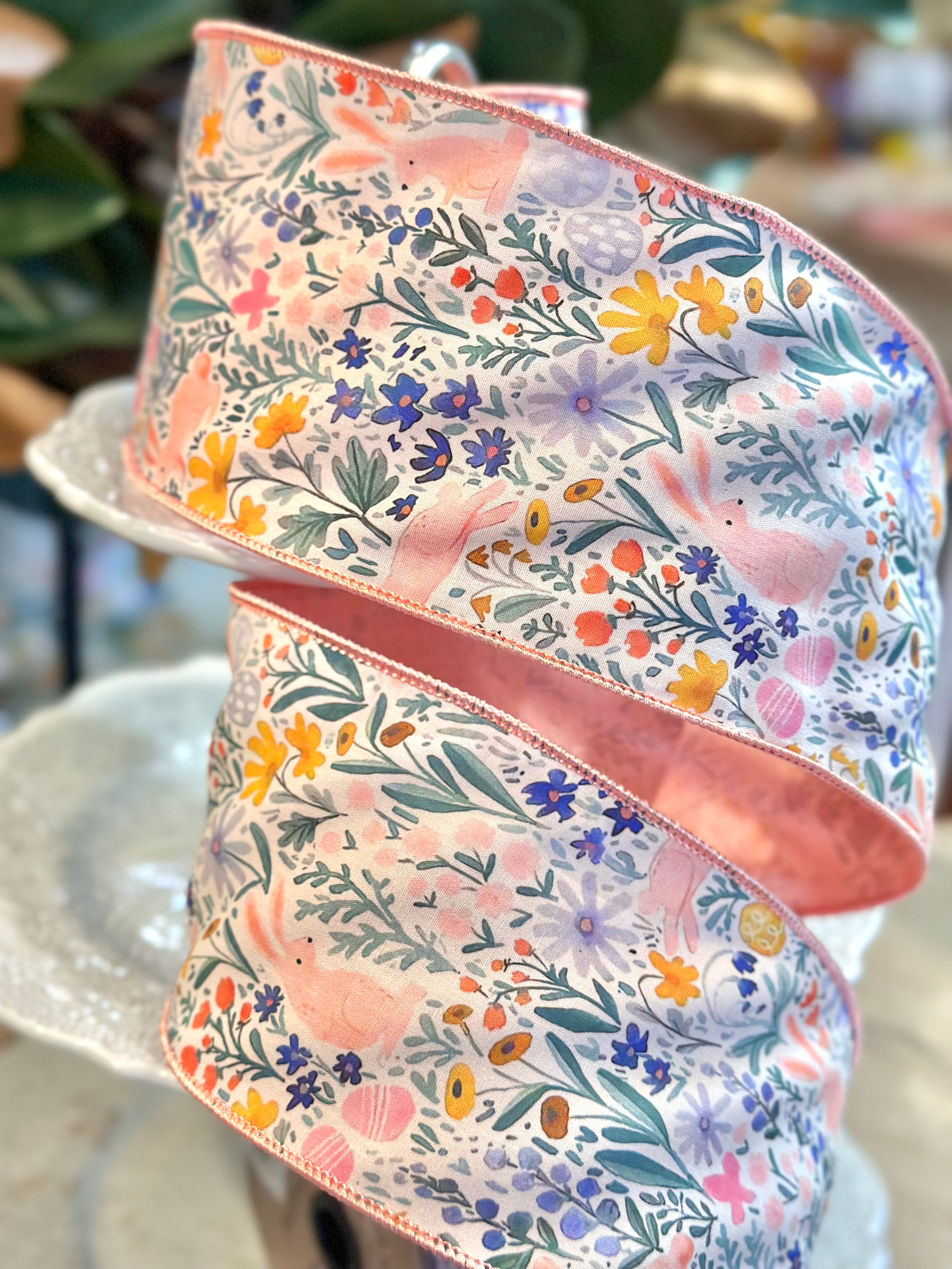 4" Wide, poplin watercolor floral bunny, cream peach blue