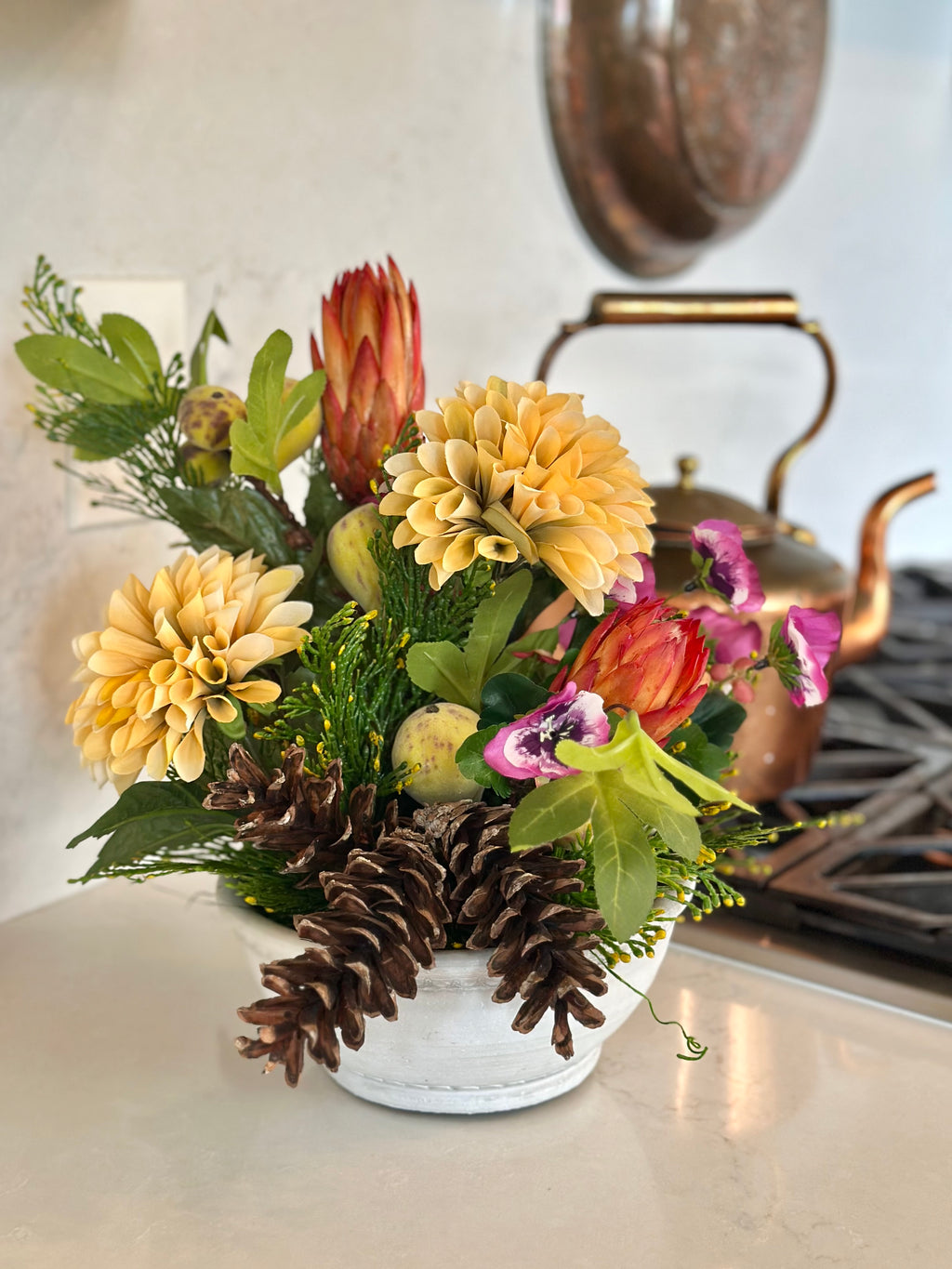 Dahlia, Repen, Pinecones, and Pear Arrangement