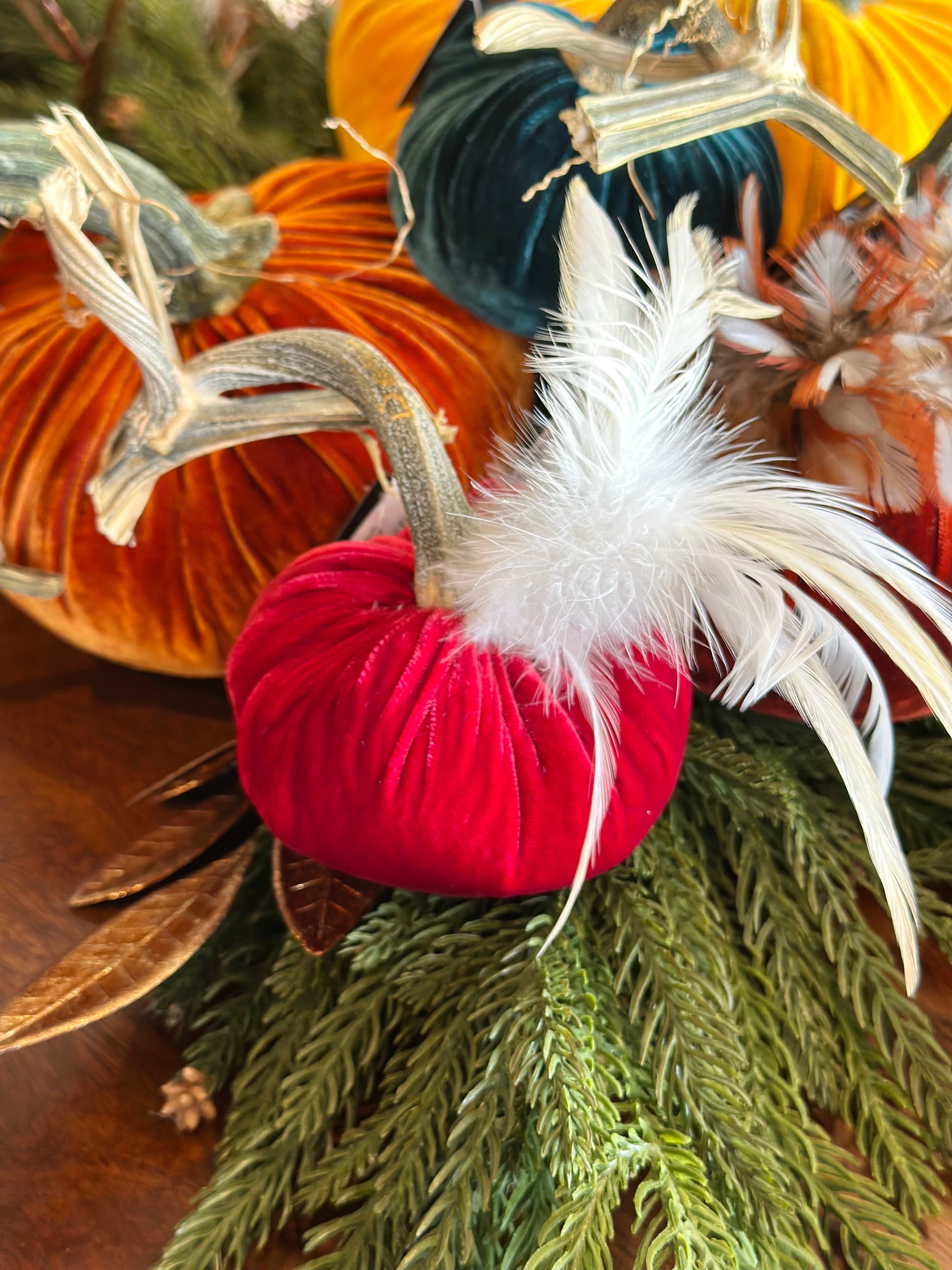 4” Hot Skwash Pumpkin with Feather Plume