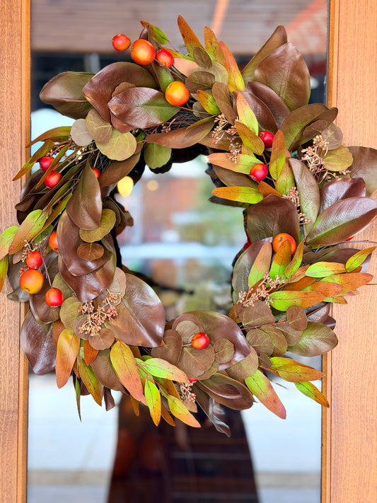 25" FALL MAGNOLIA & CRABAPPLE WREATH