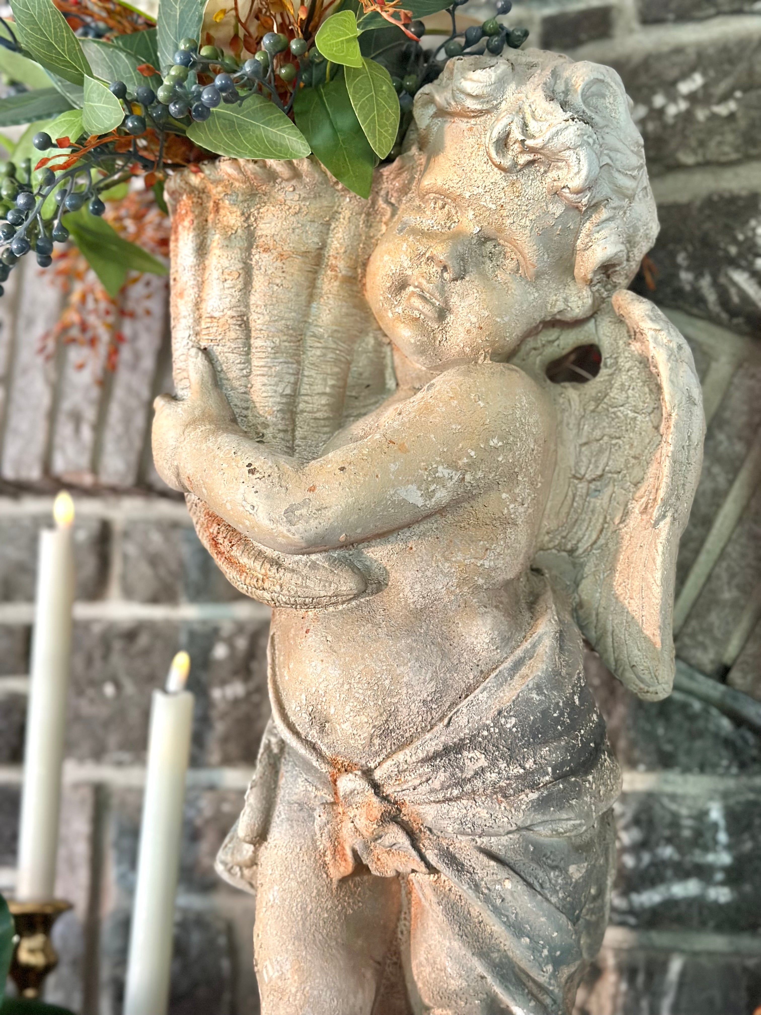 Patina Cherub Statue Holding Horn