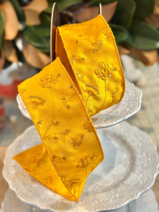2.5" dupion sequin embroibery floral, golden rod