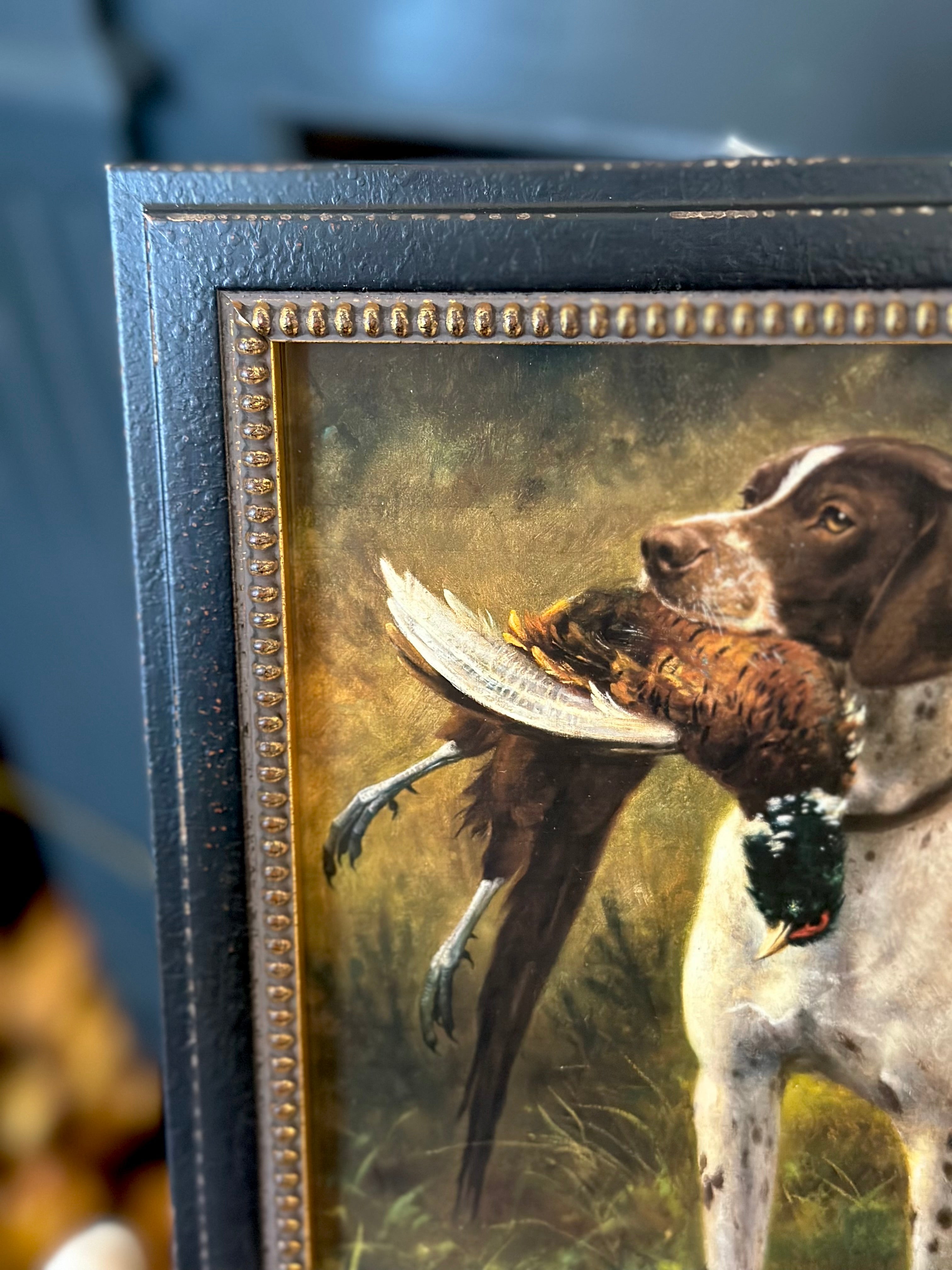 Framed Vintage Dog with Pheasant Oil Painting Reproduction