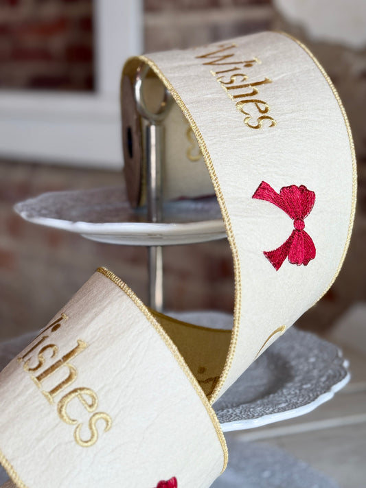 4” Felt Embroidery “Christmas Wishes,” Gold Winter White -SOLD BY THE YARD
