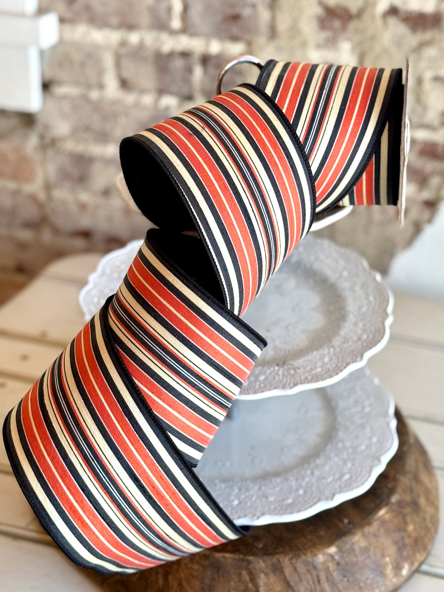 4" Dupion Vintage Stripe, Orange Black Cream