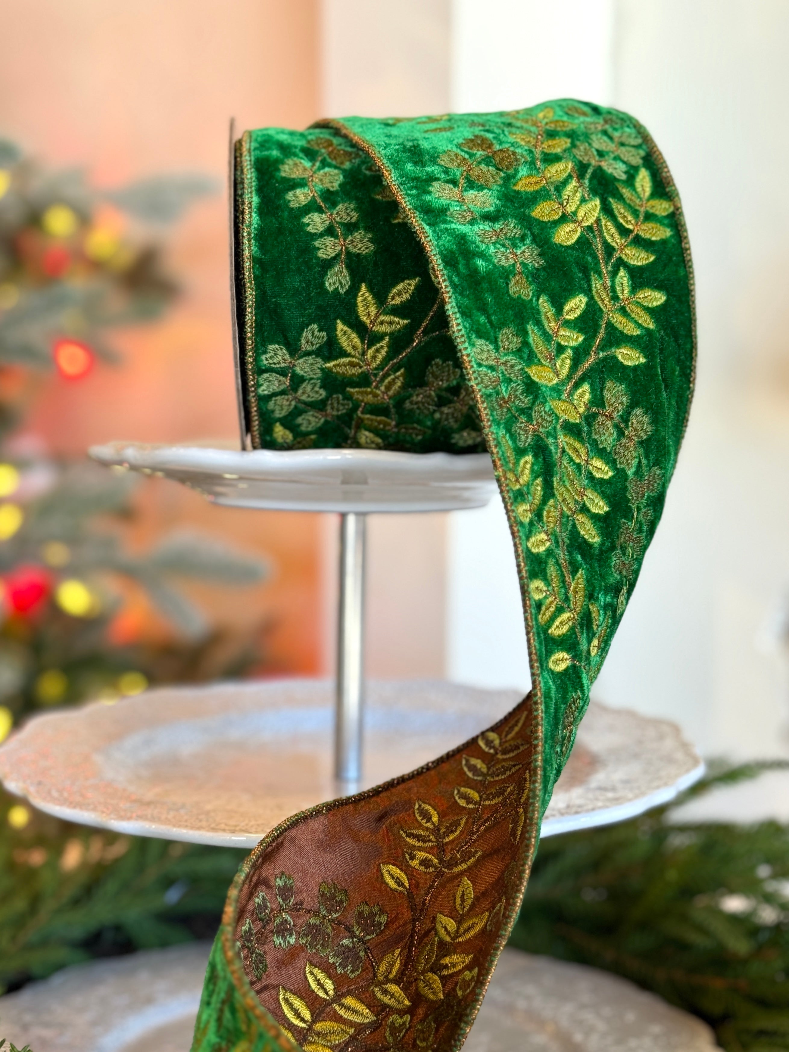 4" Faux Dupion Embroidery Butterfly Vine, Green