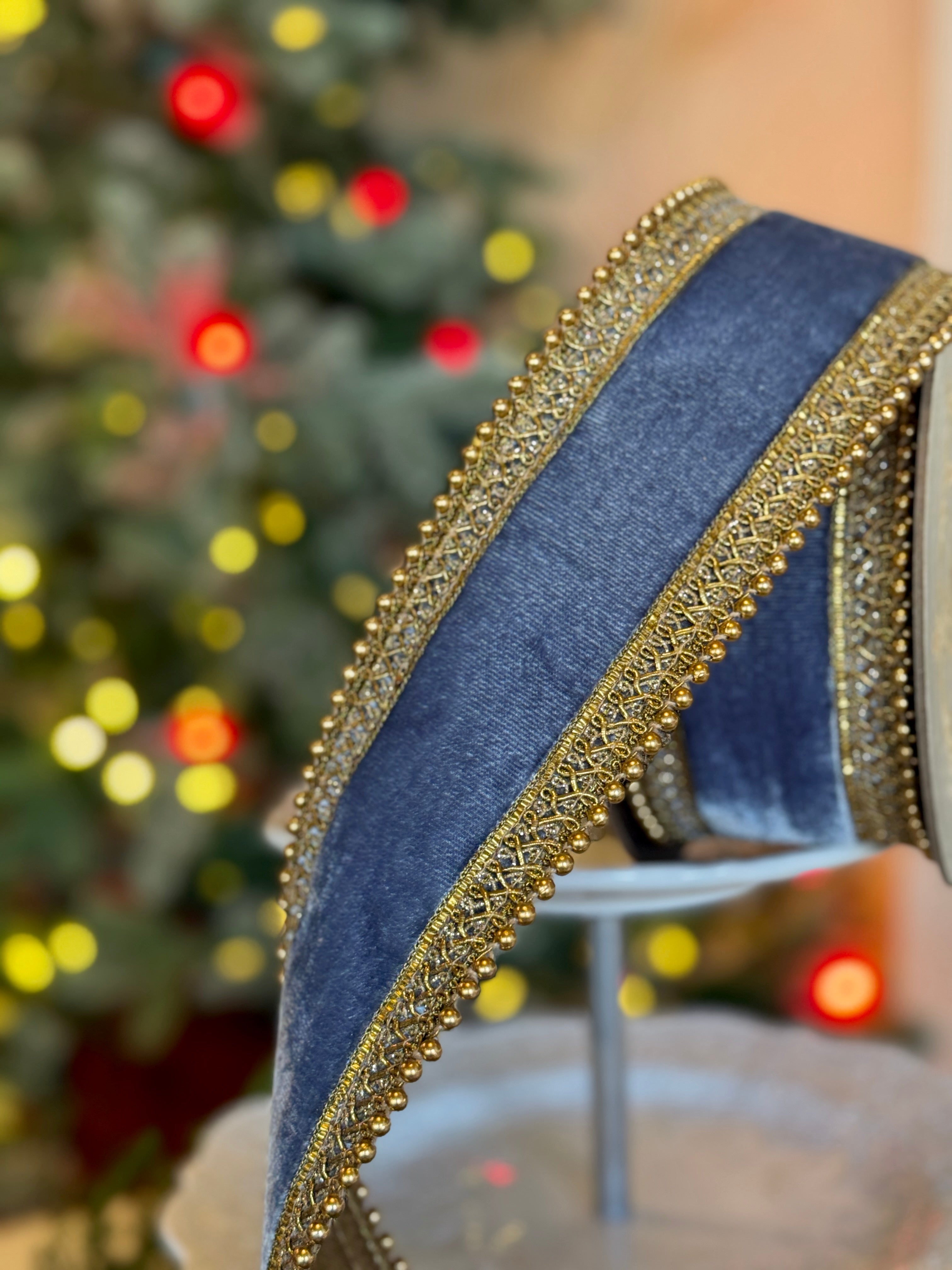 2.5” Dusty Blue Velvet with Gold Bead Details