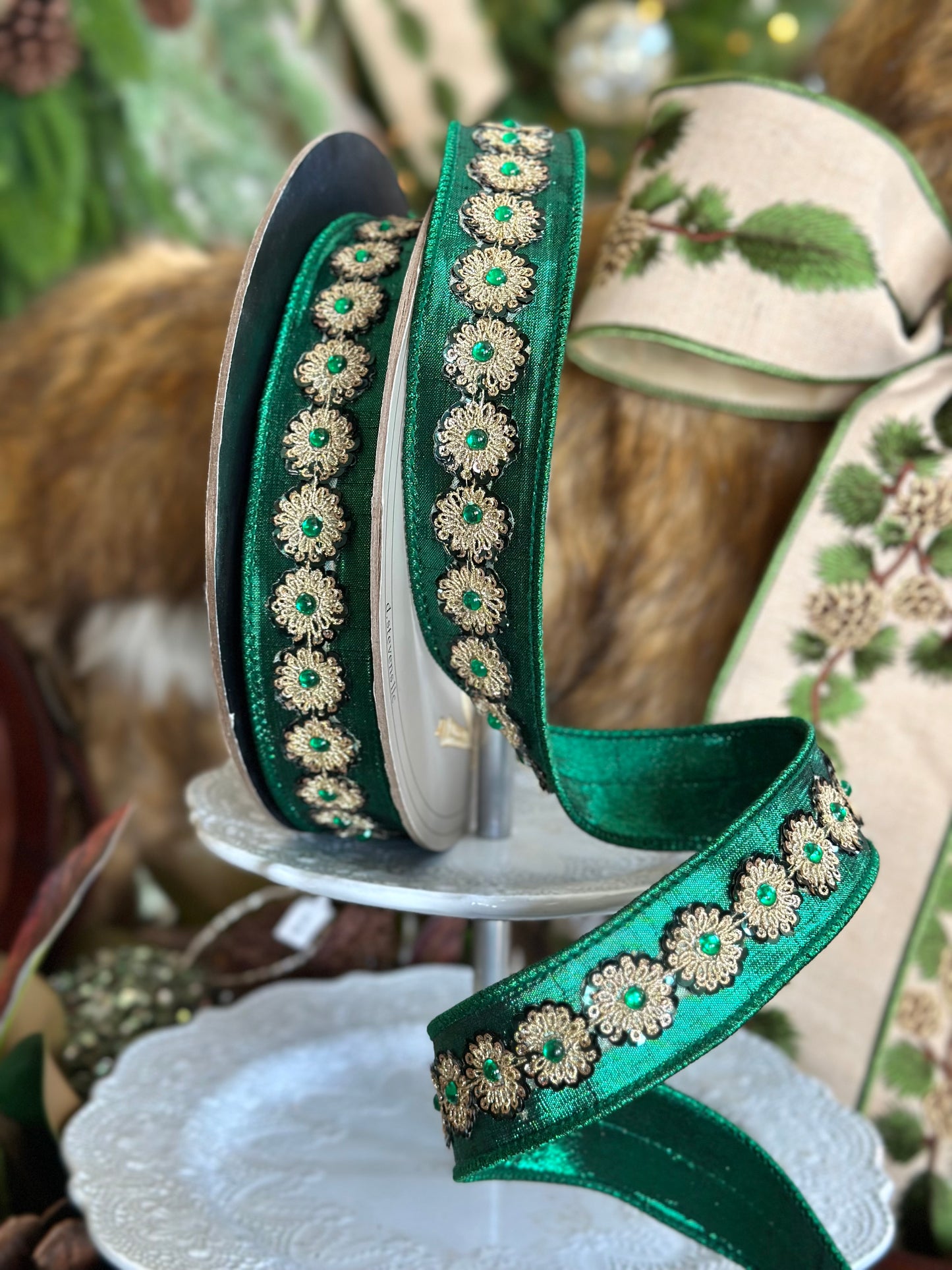 1.5" Metallic Dupion Gold Green Sequin Ribbon, Emerald Green