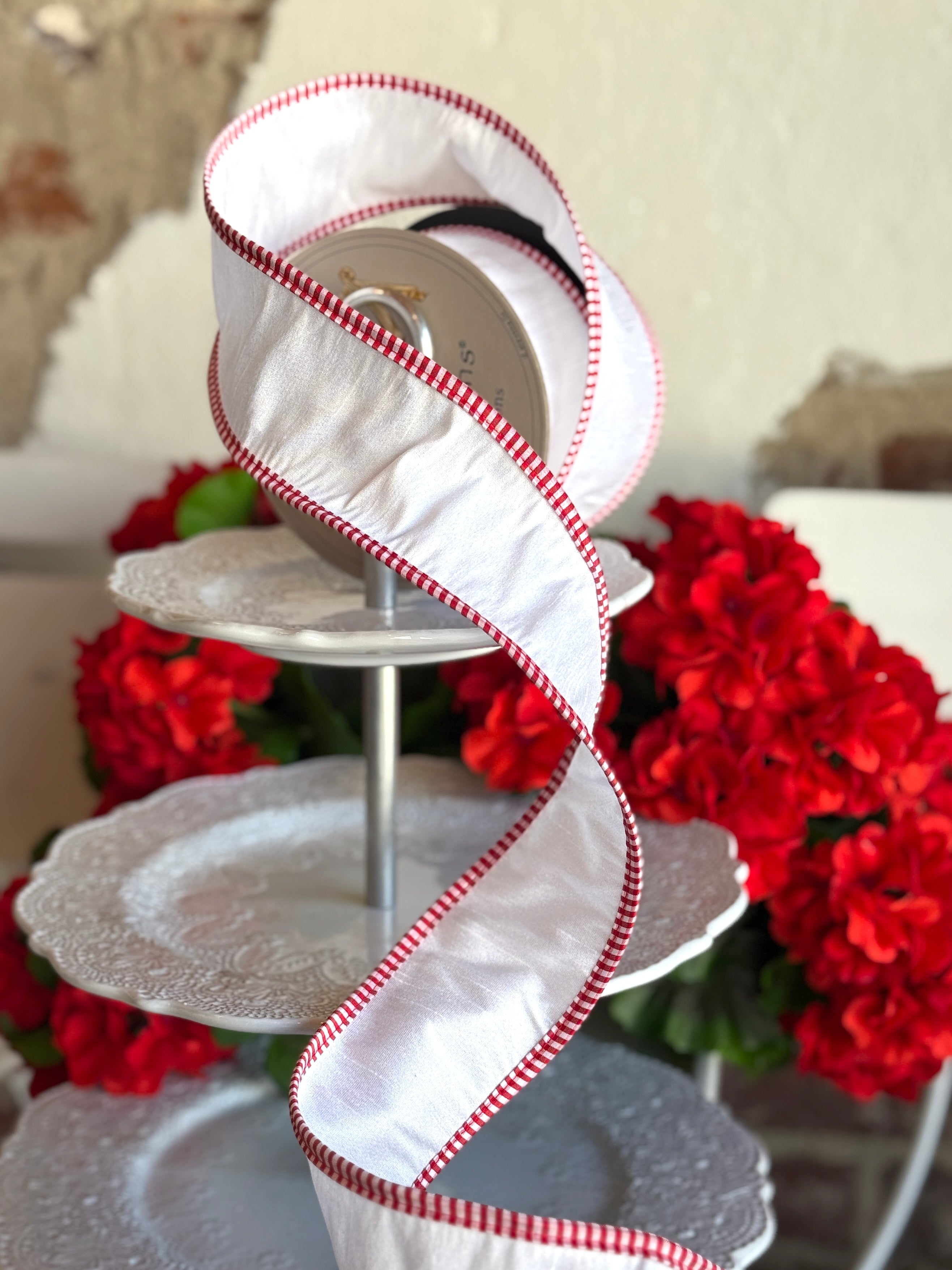 2.5" faux dupion red-white check edge, pearl white