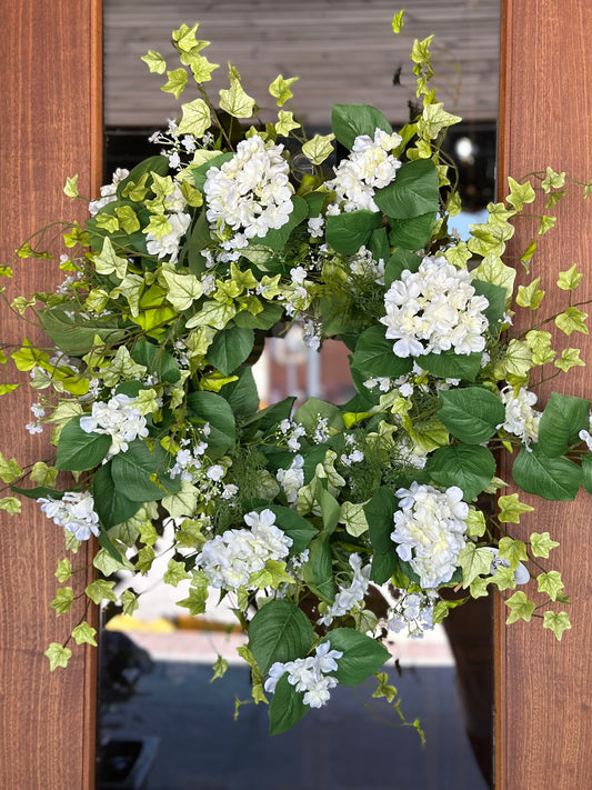 White Hydrangea & Wild Fairy Blossoms Wreath
