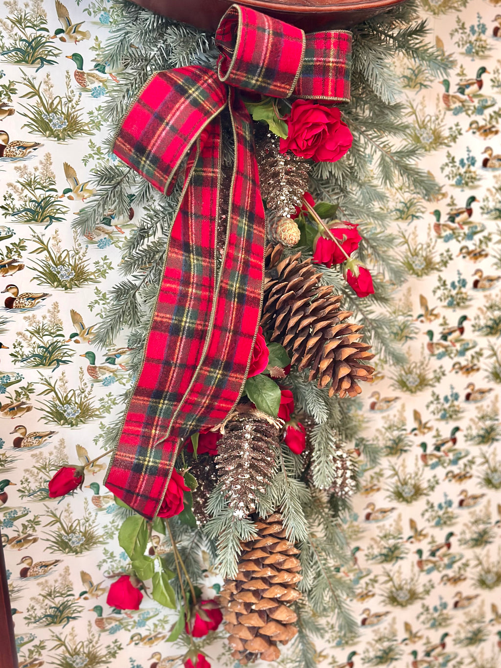 Roses Flannel and Pinecones Swag