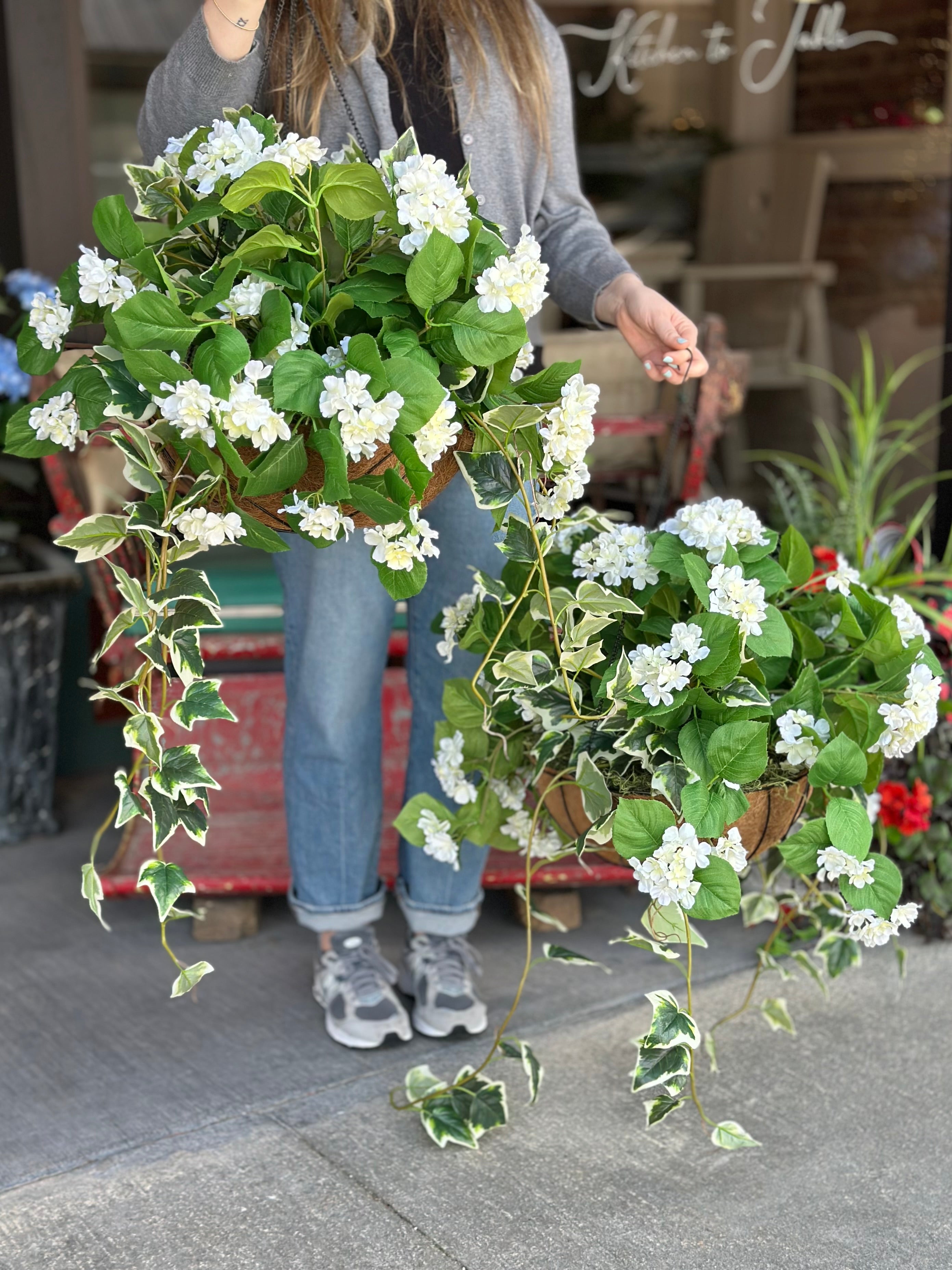 Ivy & White Hydrangea Hanging Basket