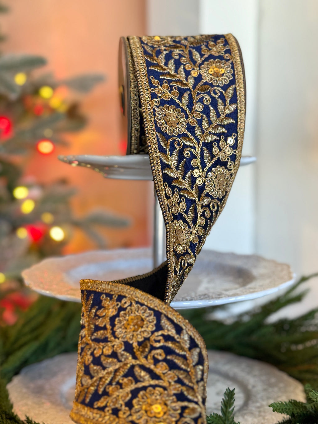 3" Dupion Floral Garden Trim, Navy