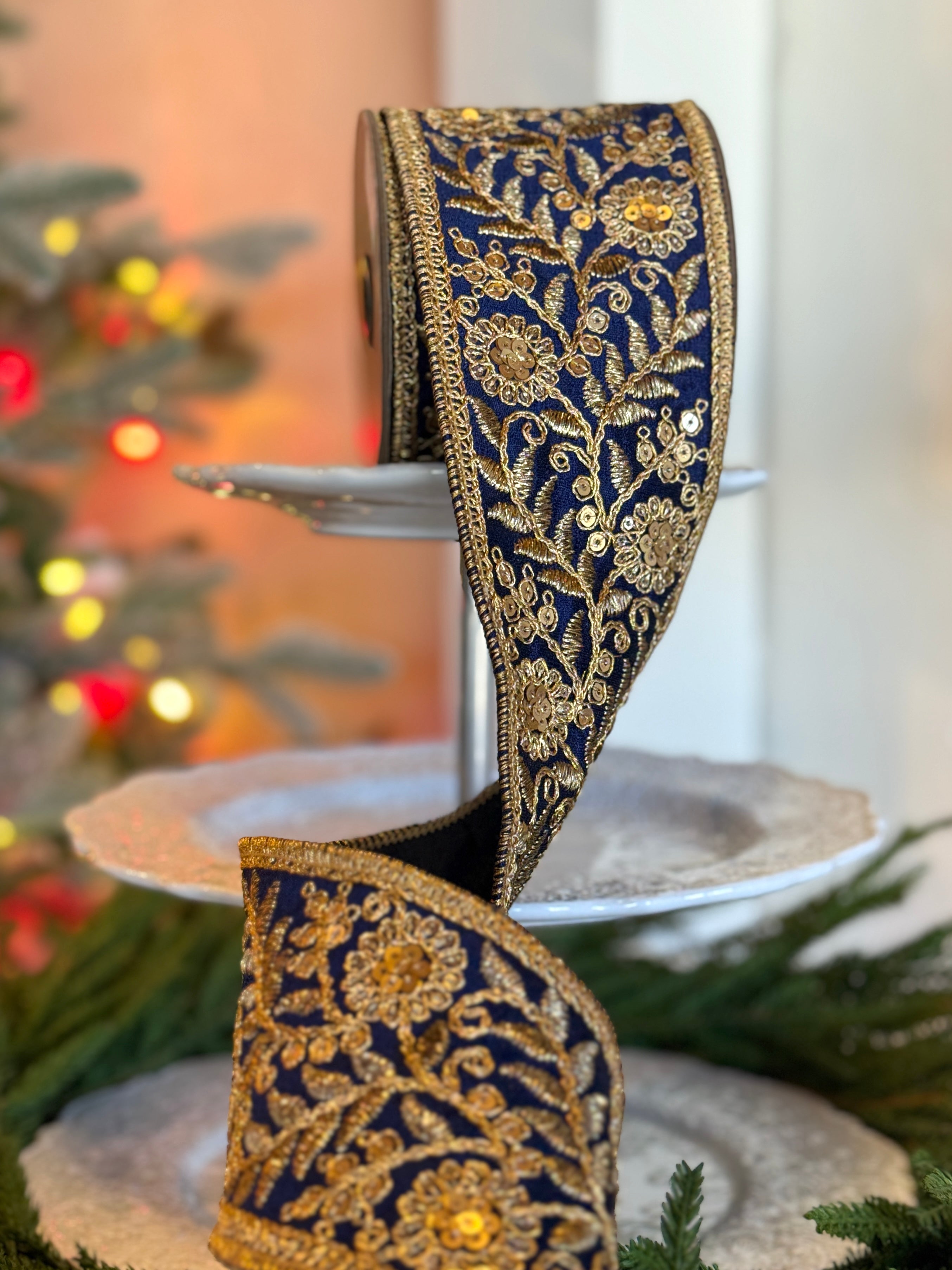 3" Dupion Floral Garden Trim, Navy