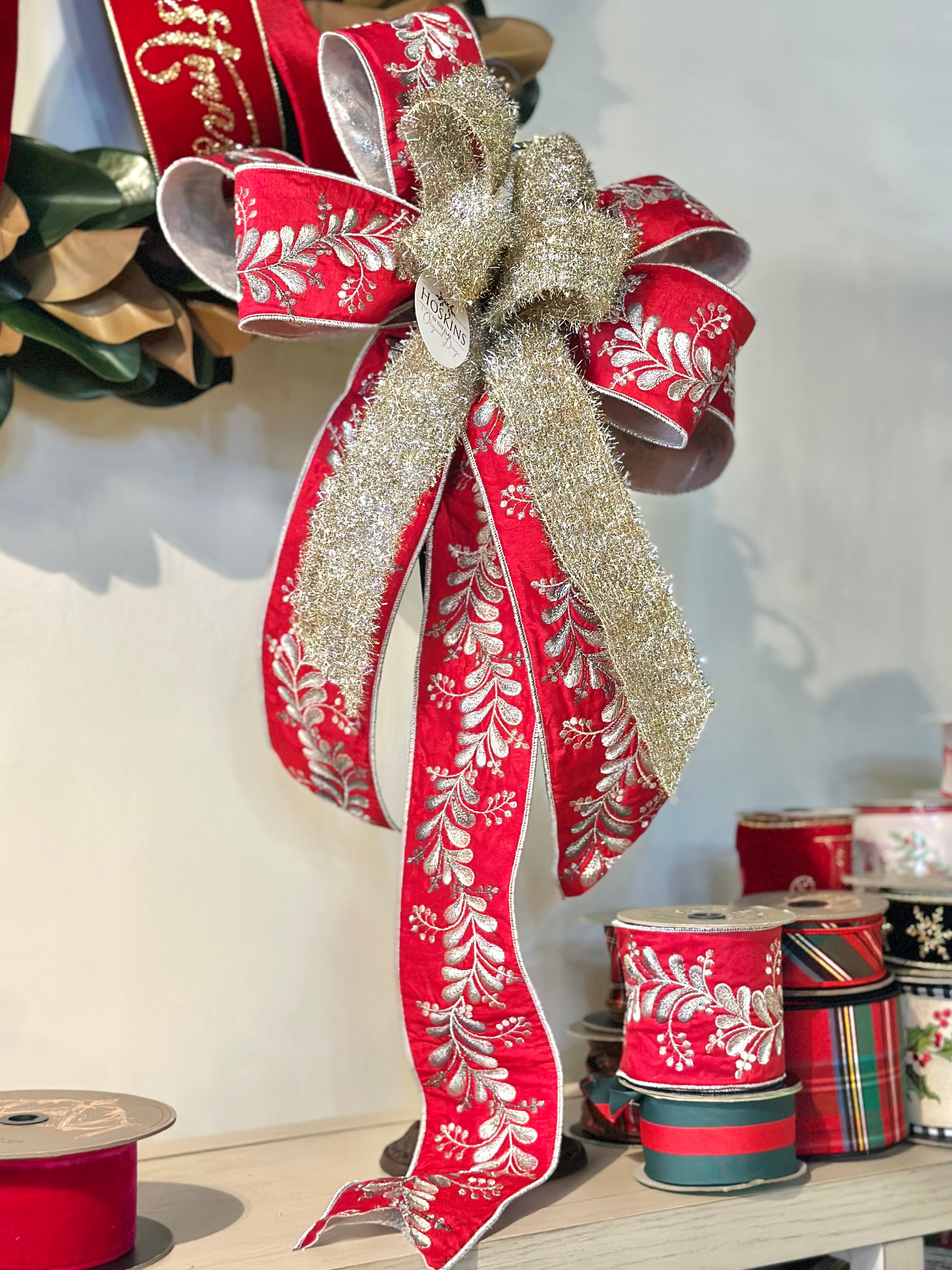 Silver Pewter Embroidery Mistletoe Tree Bow