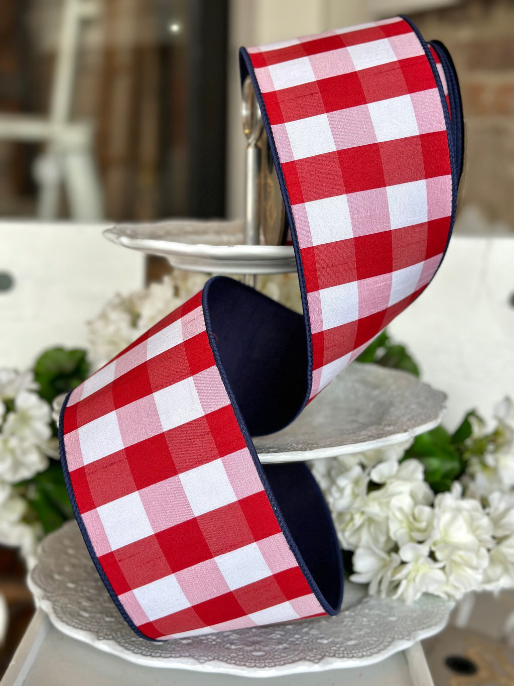 4" wide, Faux Dupioni Check Navy Blue Back, Red-White Ribbon