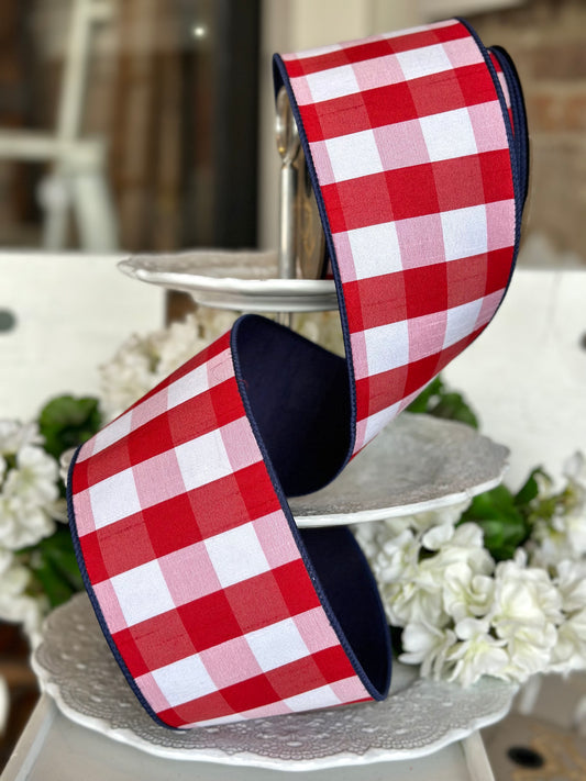 4" wide, Faux Dupioni Check Navy Blue Back, Red-White Ribbon