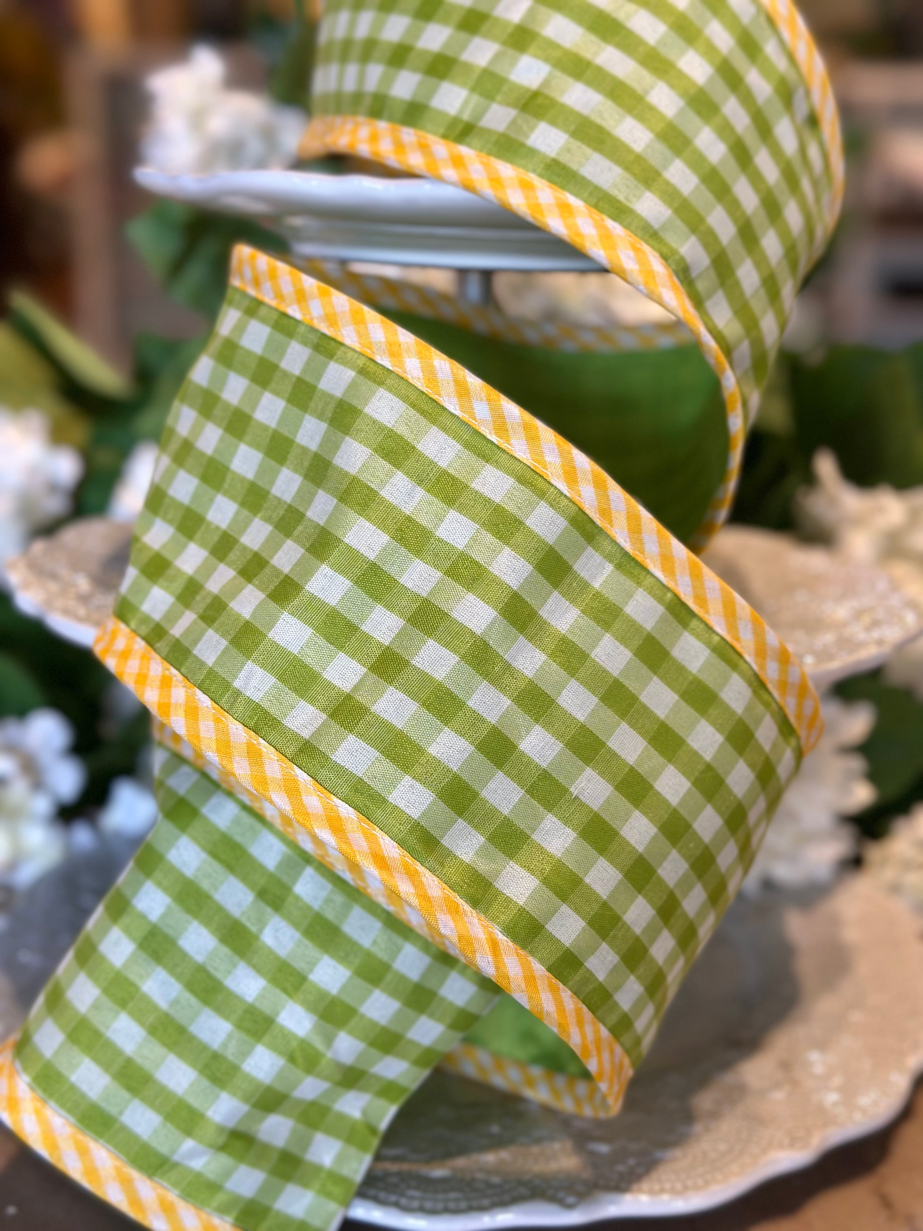 4" Spring Gingham w/ Border Ribbon - Green Yellow