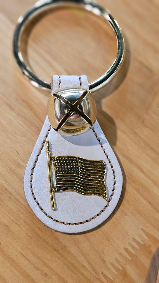 Large Ring Brass Plated Teardrop- White w/ American Flag