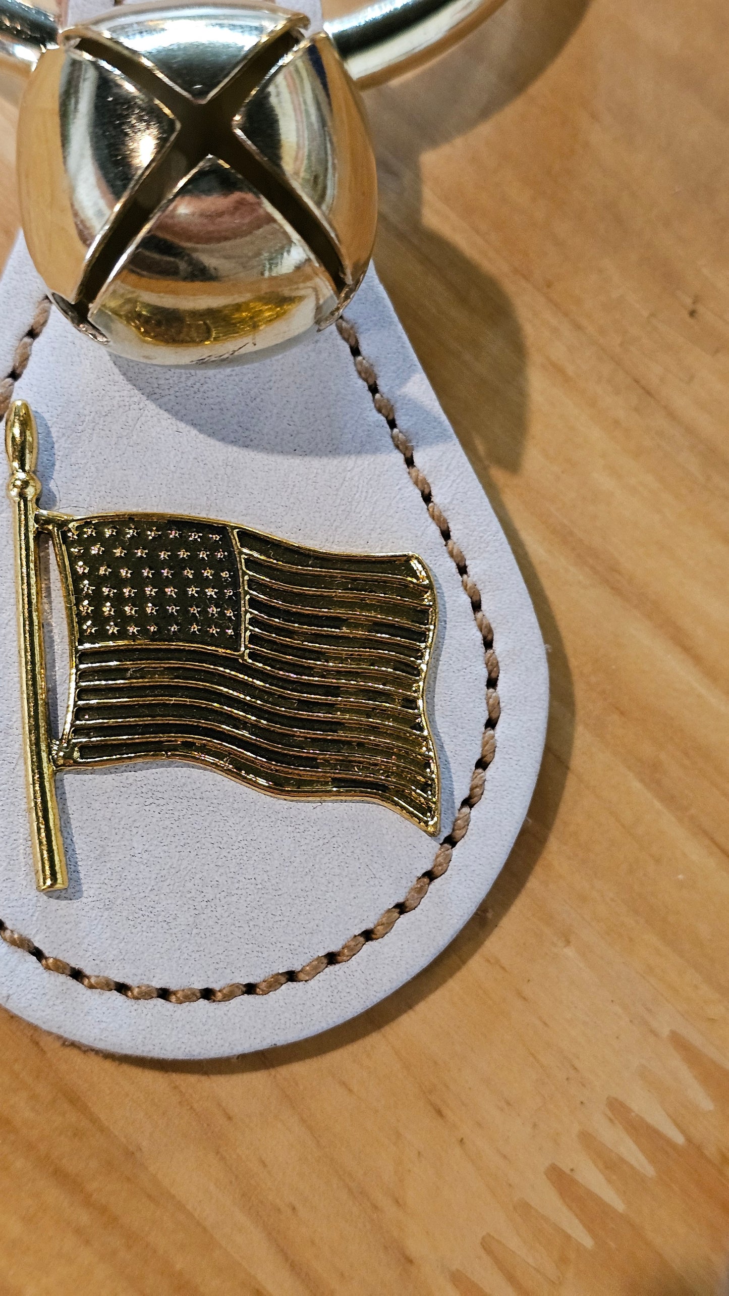 Large Ring Brass Plated Teardrop- White w/ American Flag
