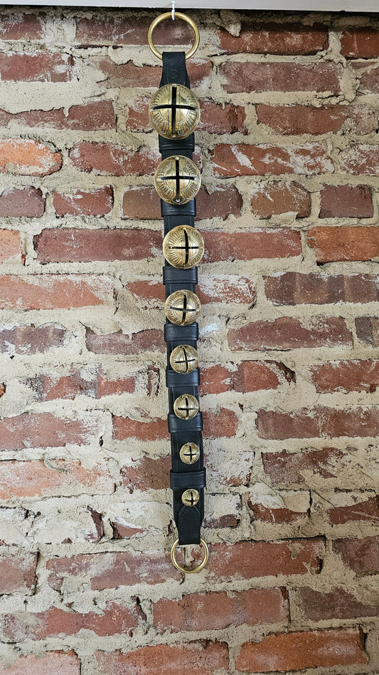 8 Solid Brass Belsnickel Bells on Black Strap w/ Ring on Ends