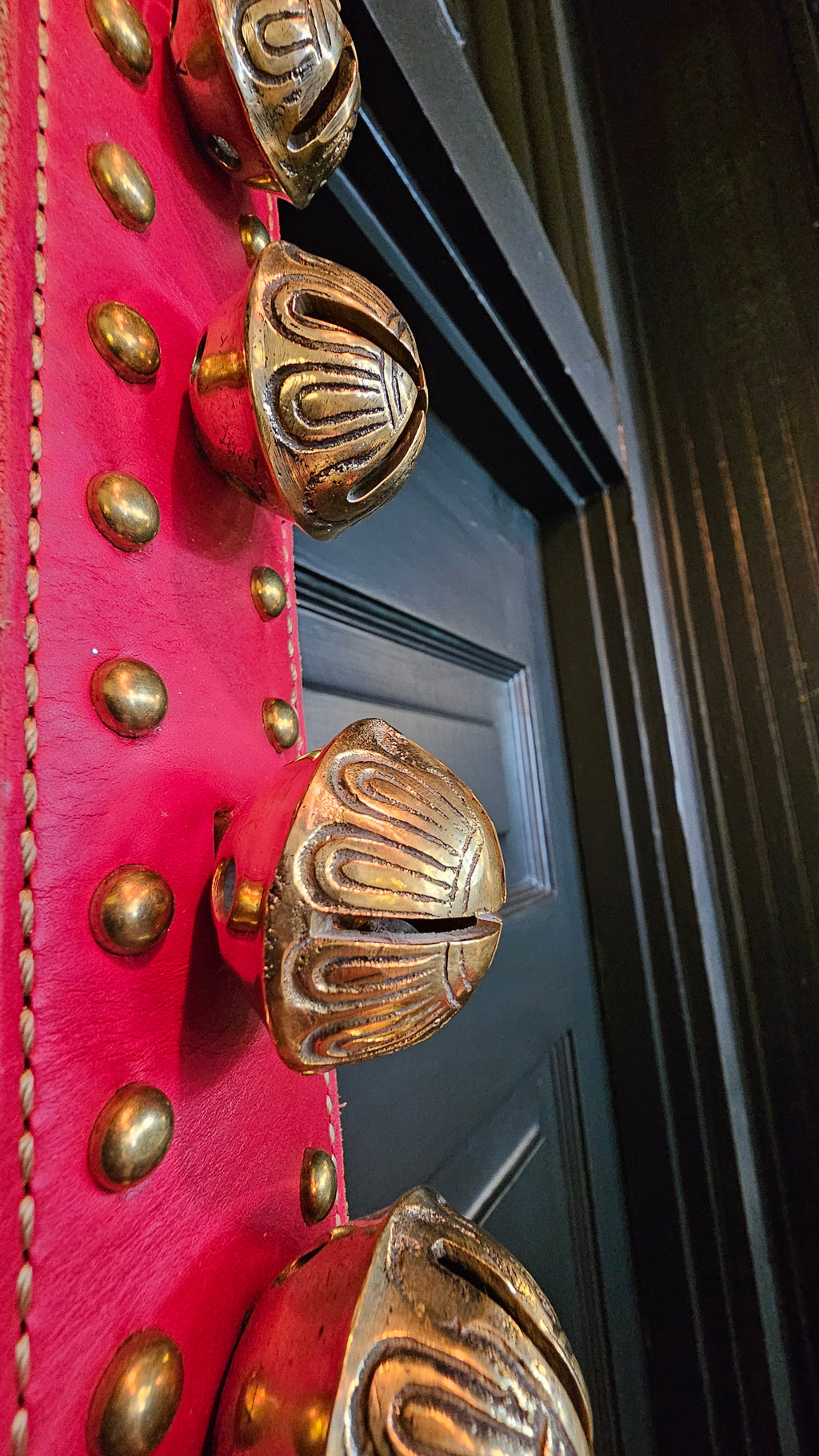 Solid Brass Belsnickel Bells on Red Stitched & Studded Strap w/Large Ring