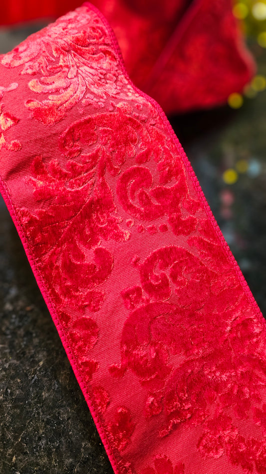 4" Red Devore Acanthus -SOLD BY THE YARD