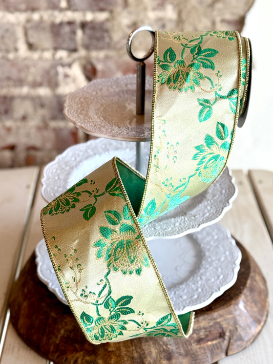 4” Floral Jacquard, Green, Sold by the yard