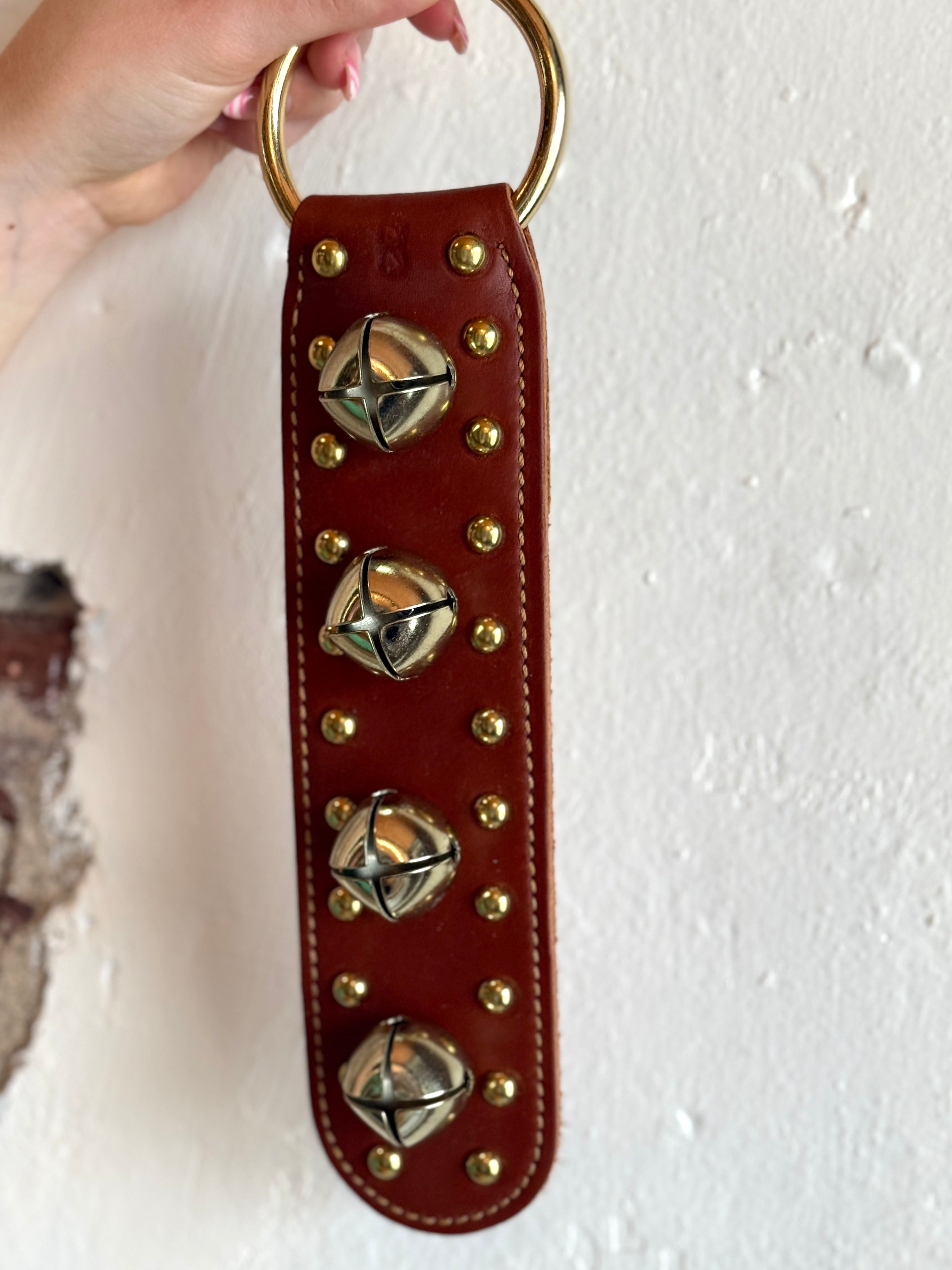 Belsnickel - 12” Studded Doorchime w/ Brass-Plated Bells, Chestnut Leather