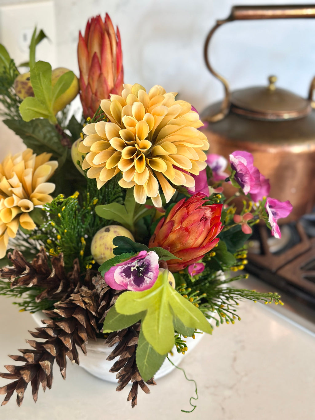 Dahlia, Repen, Pinecones, and Pear Arrangement