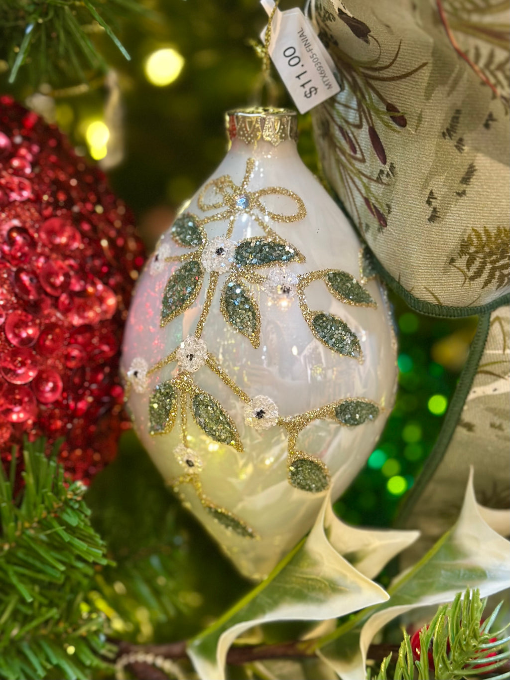 4-6"GLASS PEARL W/LEAF BALL/FINIAL ORNAMENTS