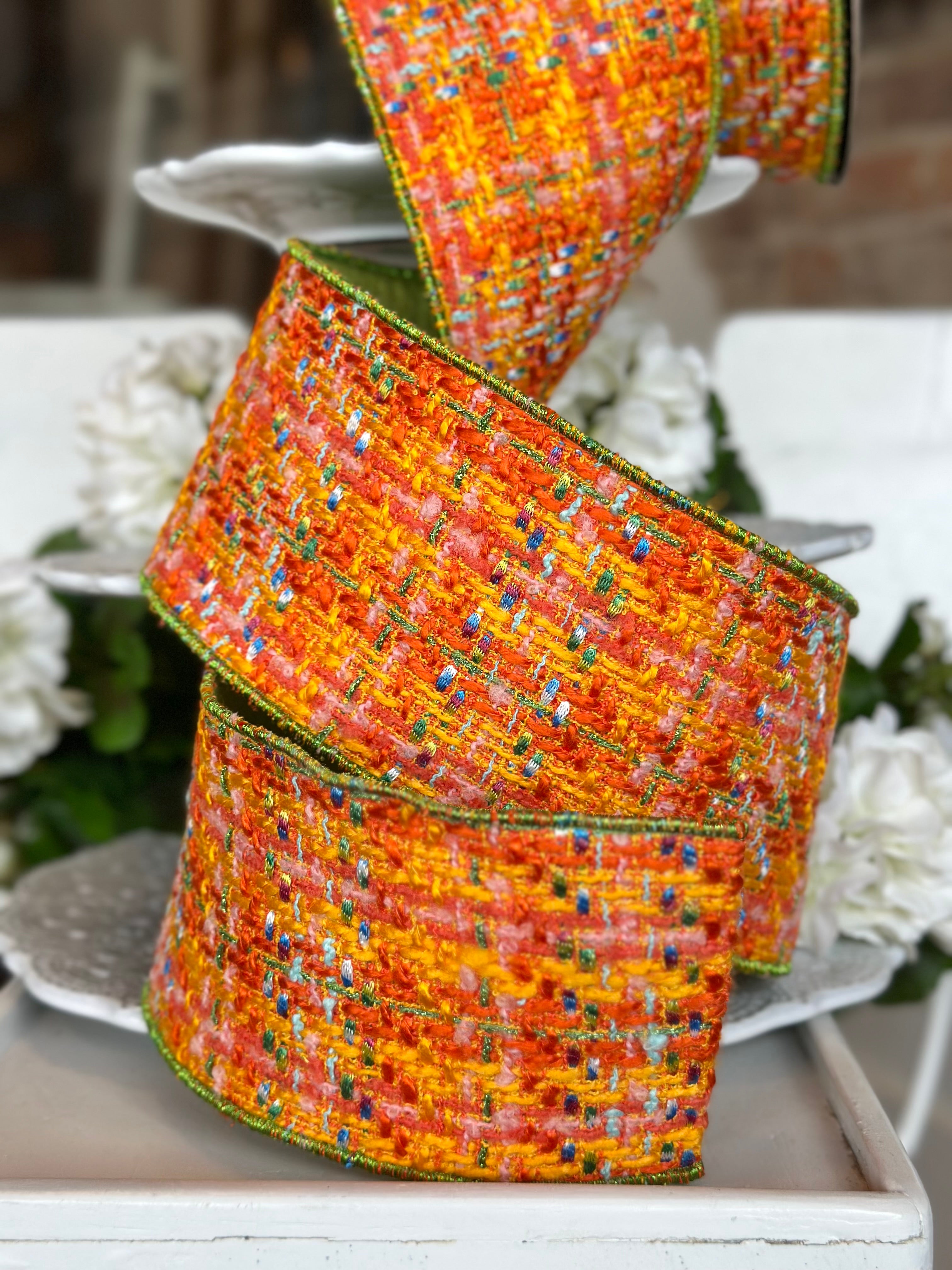 4" wide, boucle/dupion orange/green/blue