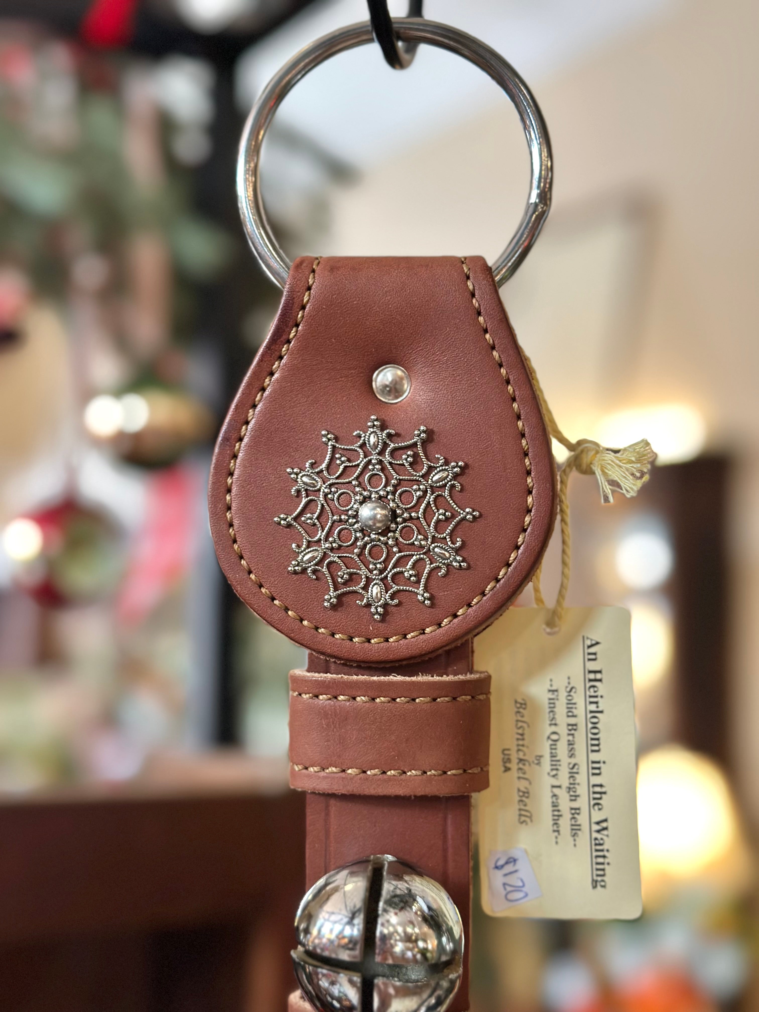 Silver Snowflake with 3 Silver Bells on Ring- Brown Leather