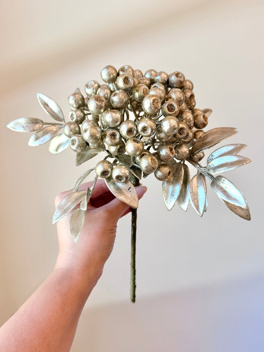 12" PLATINUM METALLIC GLITTER BERRY CLUSTER STEM