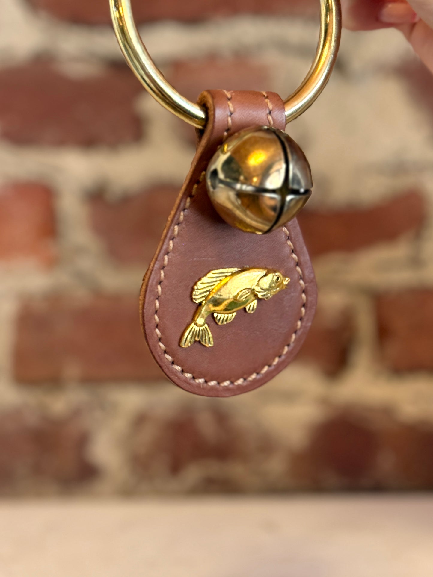 Bass Fish with Single Brass Bell on Ring- Brown Leather