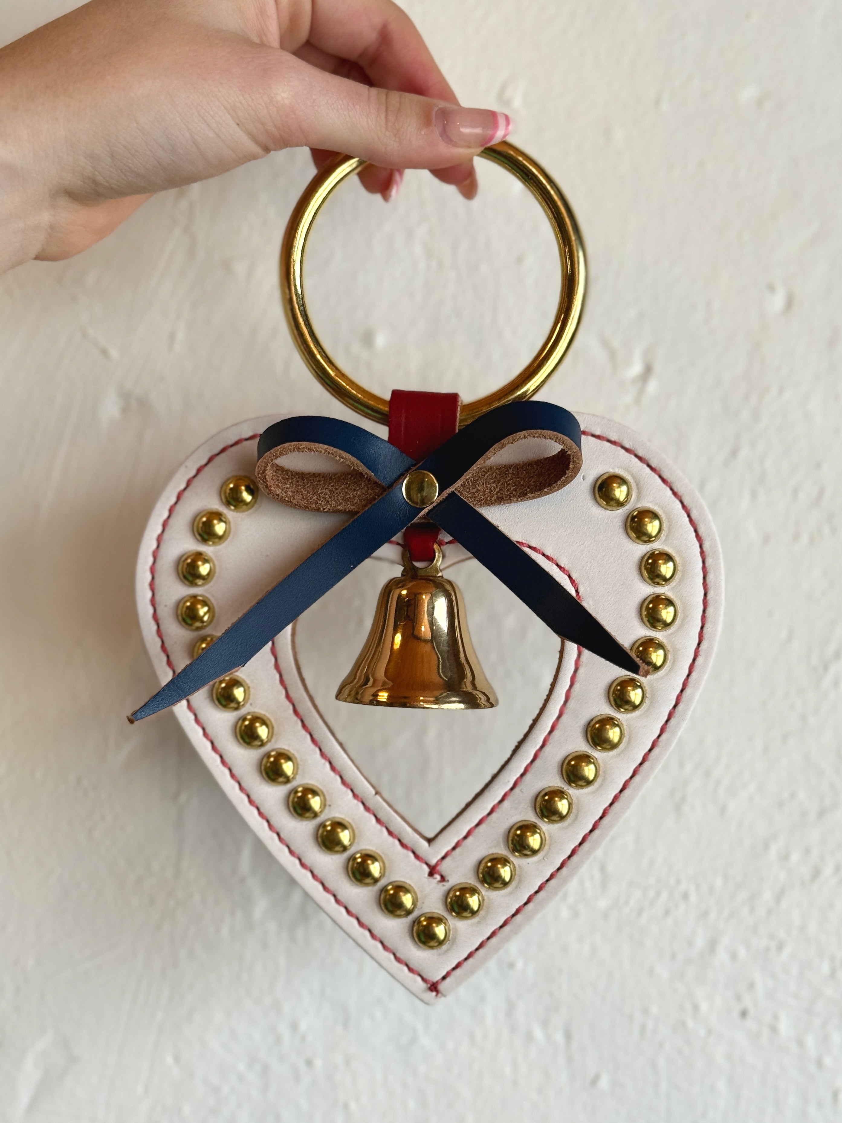 Belsnickel Bells - Open Heart - Studded with Bow, Solid Brass Bow, Lg Ring Top