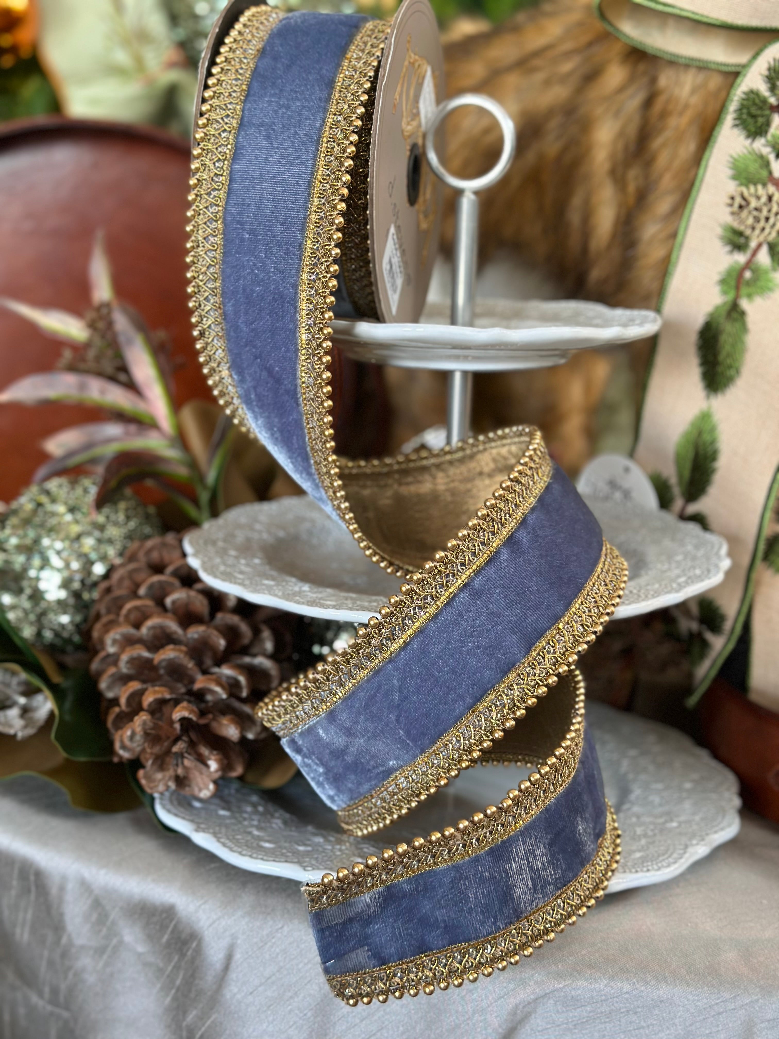 2.5” x 5Yards Dusty Blue Velvet with Gold Bead Details