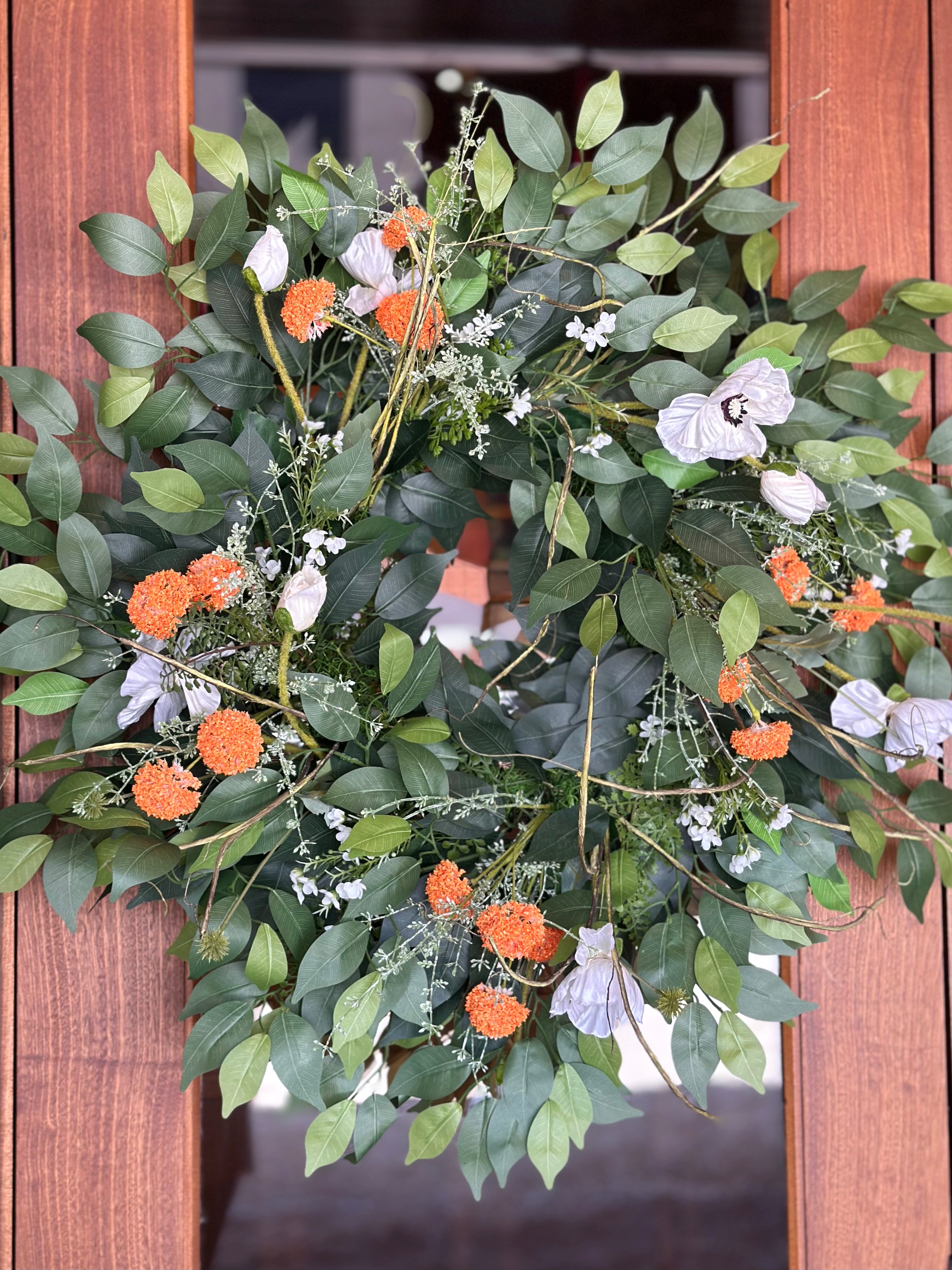 Orange Puffs and Poppies Wreath
