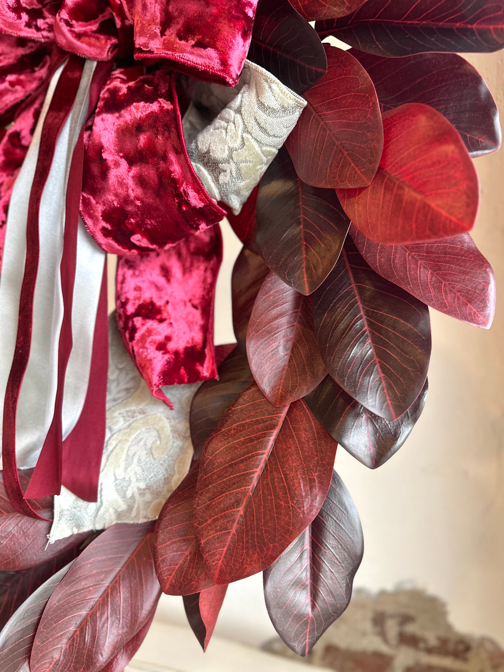 Cream Jacquard Acanthus Ribbon and Burgundy Magnolia Wreath