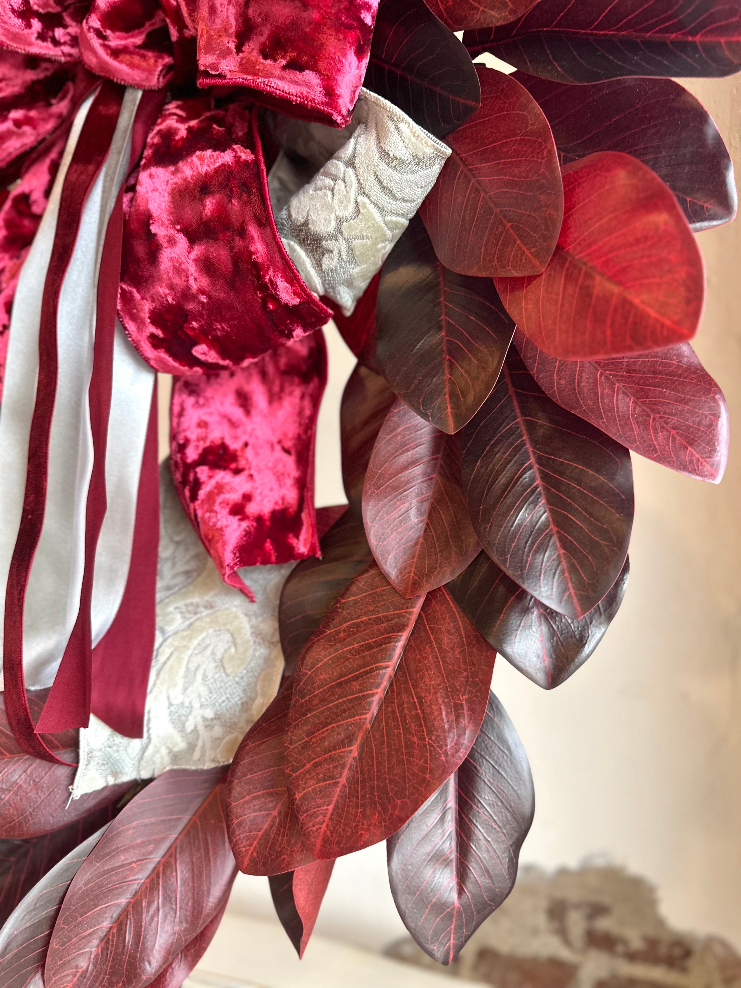 Cream Jacquard Acanthus Ribbon and Burgundy Magnolia Wreath