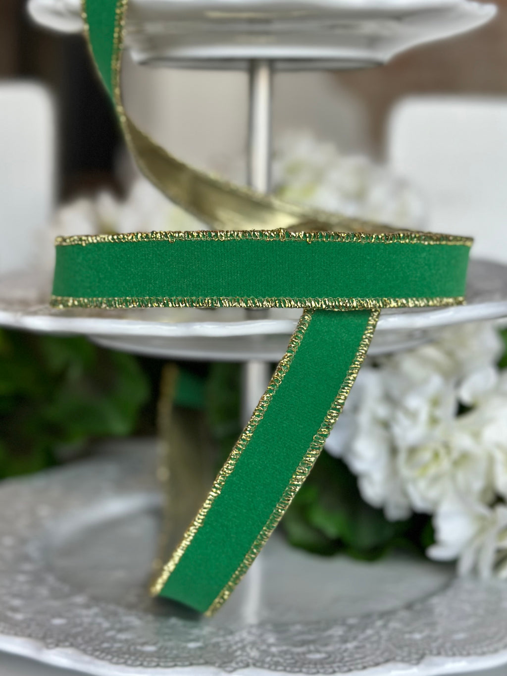 1" wide, flocked velvet metallic gold back, kelly green