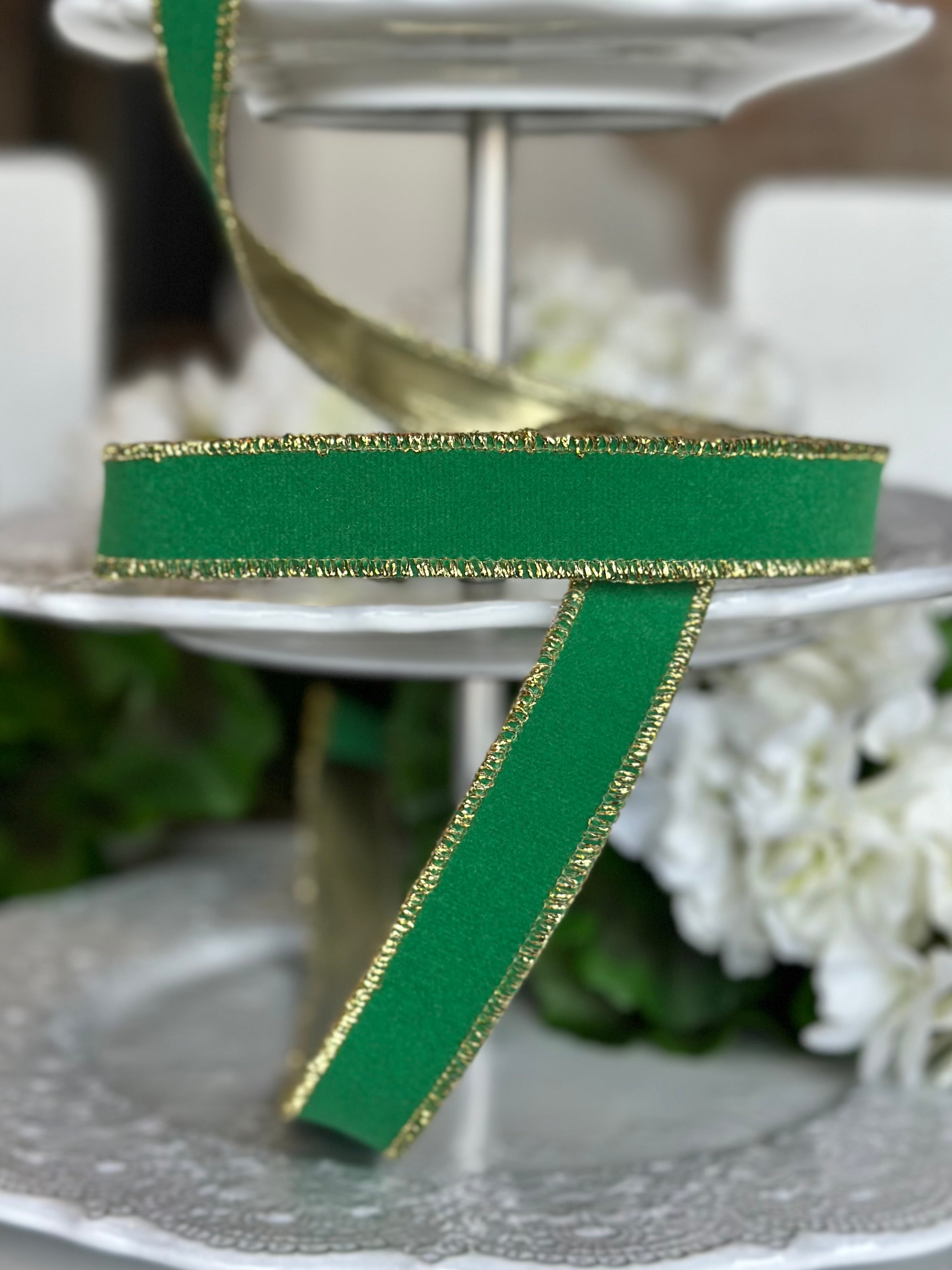 1" wide, flocked velvet metallic gold back, kelly green
