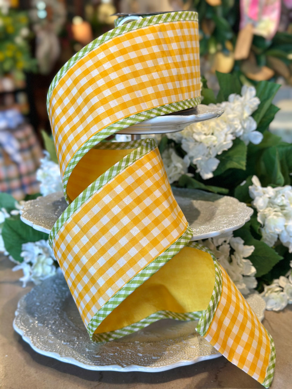4" wide, Spring Gingham w/ Border Ribbon- Yellow Green
