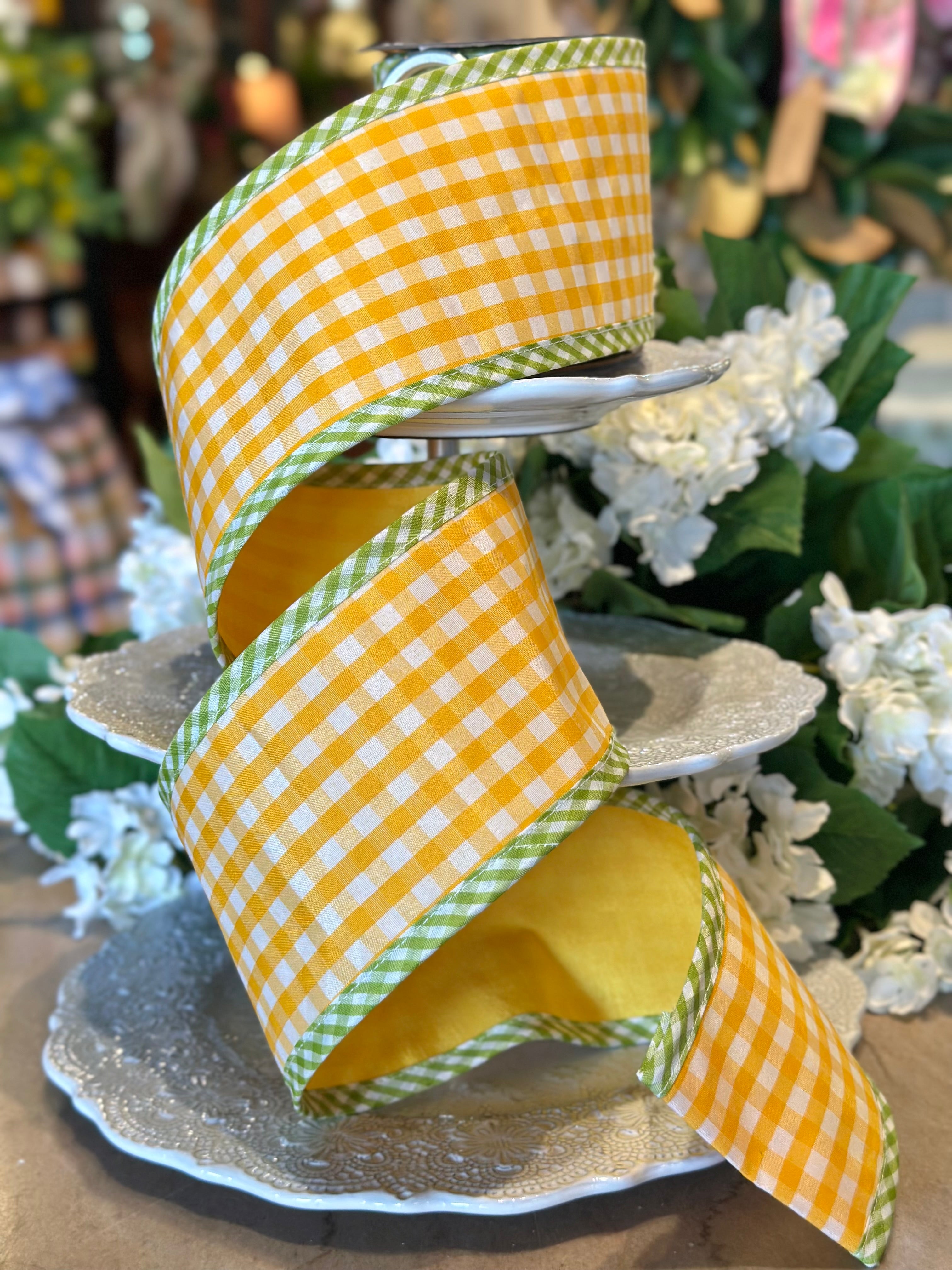 4" wide, Spring Gingham w/ Border Ribbon- Yellow Green