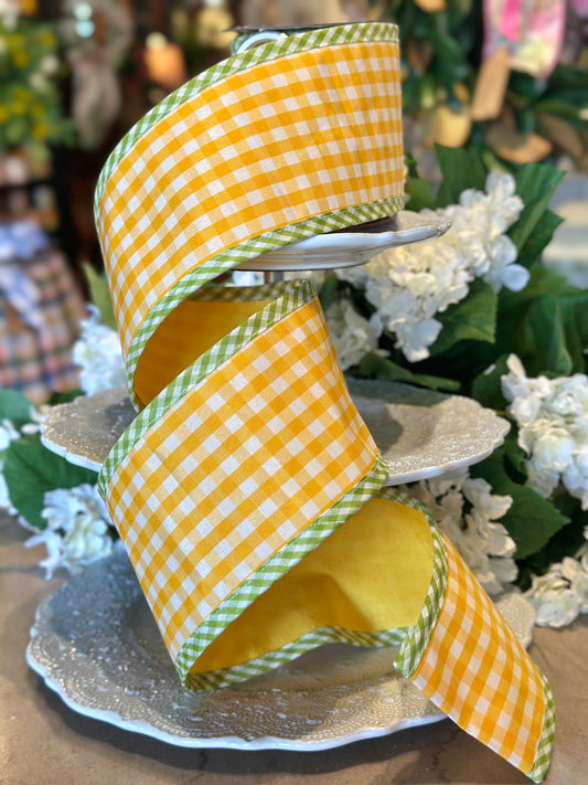 4" wide, Spring Gingham w/ Border Ribbon- Yellow Green, 5 Yard Roll