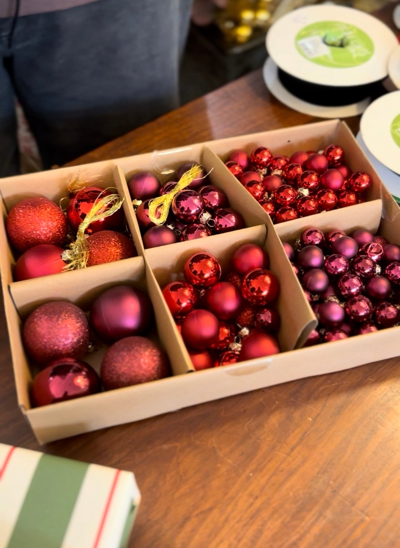 Box of Mixed Red Ornaments